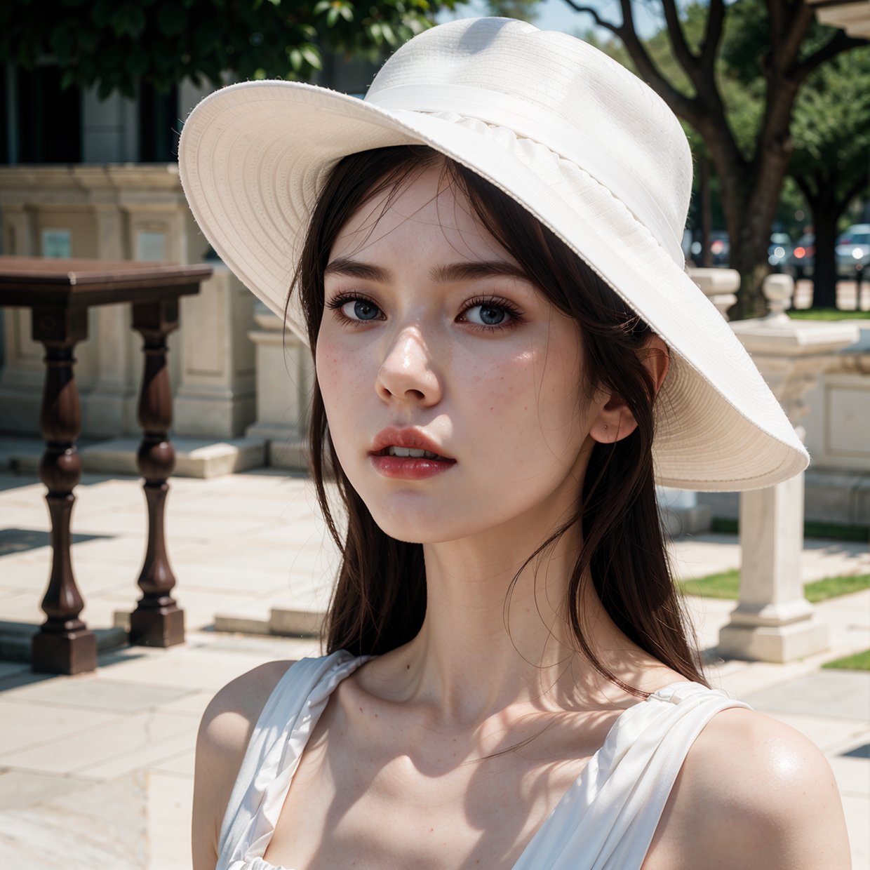 arafed woman in a white hat and dress with a red lip, pale porcelain white skin, guweiz, guweiz masterpiece, artwork in the style of guweiz, soft portrait shot 8 k, pale young ghost girl, porcelain white skin, by Russell Dongjun Lu, pale milky white porcelain skin, elegant lady with alabaster skin