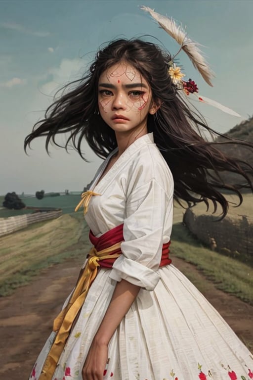 Generates an image of a Pict with a very serious facial expression, dressed in traditional Pict costume and looking intently forward.  The scene should be set on Hadrian's Wall with the wind blowing hard.Potcoll,Pict