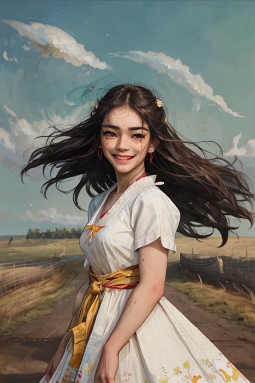 Generates an image of a young Pictish woman with a fresh and cheerful facial expression, dressed in traditional Pictish dress and staring straight ahead. The young woman must have a graceful but not exaggerated smile. The scene should be set on Hadrian's Wall, with the wind blowing strongly.Potcoll,Pict