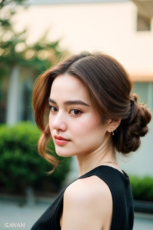 A detailed portrait of a young woman exuding elegance and natural grace. She has a voluminous updo hairstyle with wisps of hair tenderly framing her face. Her hazel eyes are accentuated by tasteful makeup, with a few light freckles across her nose and cheeks. She wears a high-necked black top, suggesting a blend of casual refinement. The lighting should illuminate her face against a subdued background, emphasizing her calm and confident expression. High Fashion, dynamic, dramatic, elegant, High fashion Vogue cover Dramatic photography, supermodel, avant garde style,naura_ayu,4manda,yasamin,gaby_rose,dilraba,yasmin,yoona,cwekcantik