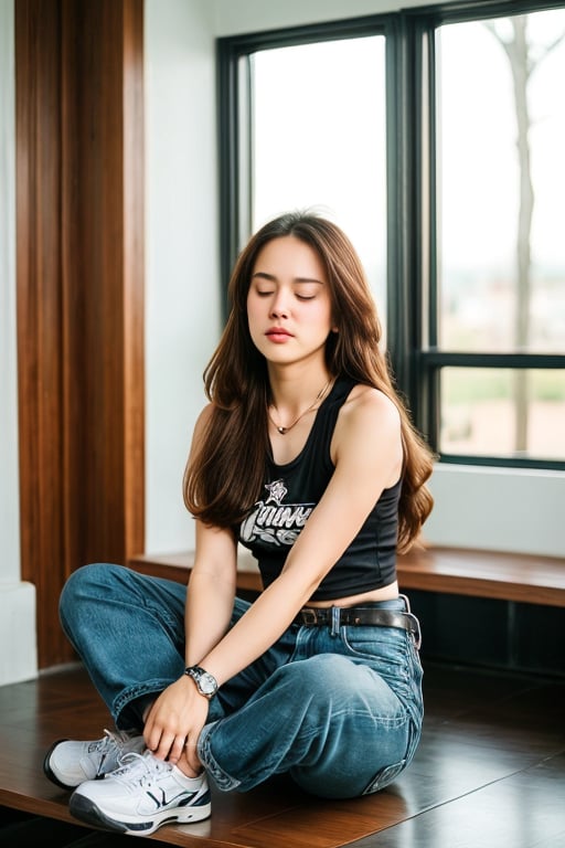 1girl, solo, long hair, brown hair, shirt, black hair, jewelry, sitting, closed mouth, full body, closed eyes, shoes, sleeveless, belt, pants, indoors, bracelet, crop top, black shirt, white footwear, tank top, denim, sneakers, jeans, blue pants