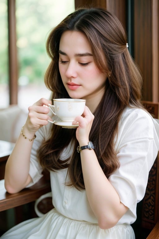 1girl, solo, long hair, brown hair, shirt, black hair, holding, jewelry, sitting, closed eyes, hairclip, blurry, bracelet, cup, lips, holding cup, plate, teacup, watch, realistic, saucer