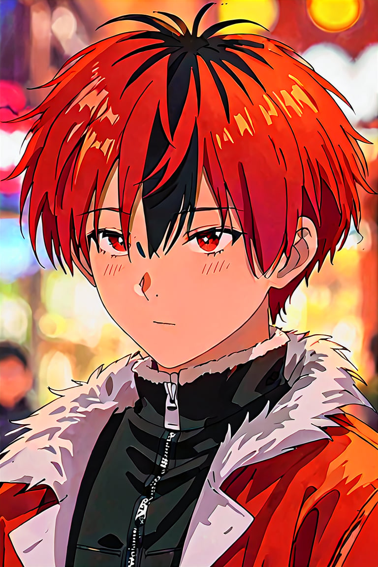 solo,short hair,bangs,black hair,red eyes,1boy,hair between eyes,closed mouth,jacket,upper body,male focus,red hair,multicolored hair,blurry,two-tone hair,fur trim,blurry background,red jacket 
