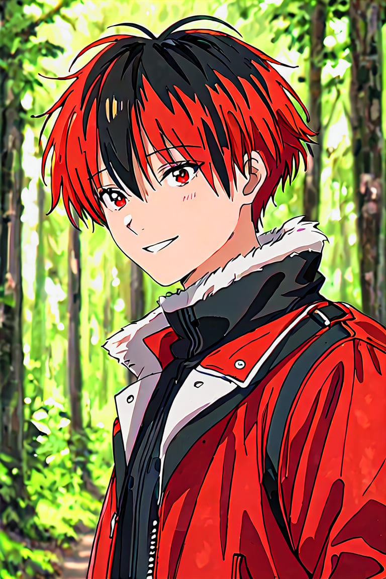 Score_9,score_8_up,score_7_up,score_6_up Very detailed, high quality, masterpiece,2 beautiful, solo,short hair,bangs,black hair,red eyes,1boy,hair between eyes,closed mouth,jacket,upper body,male focus,red hair ,multicolored hair,blurry,two-tone hair,fur trim,blurry background,red jacket,full body,walking through the forest,a smile on his face