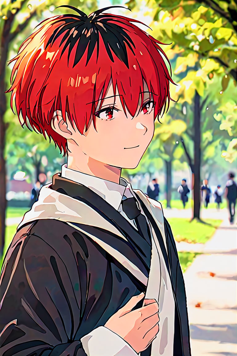 Score_9,score_8_up,score_7_up,score_6_up Very detailed, high quality, masterpiece,2 beautiful, solo,short hair,bangs,black hair,red eyes,1boy,hair between eyes,closed mouth,upper body,male focus,red hair,multicolored hair,blurry,two-tone hair,fur trim,blurry background, full body, walking in a park, a grim smile on the face, full body, school uniform outfit, male school uniform