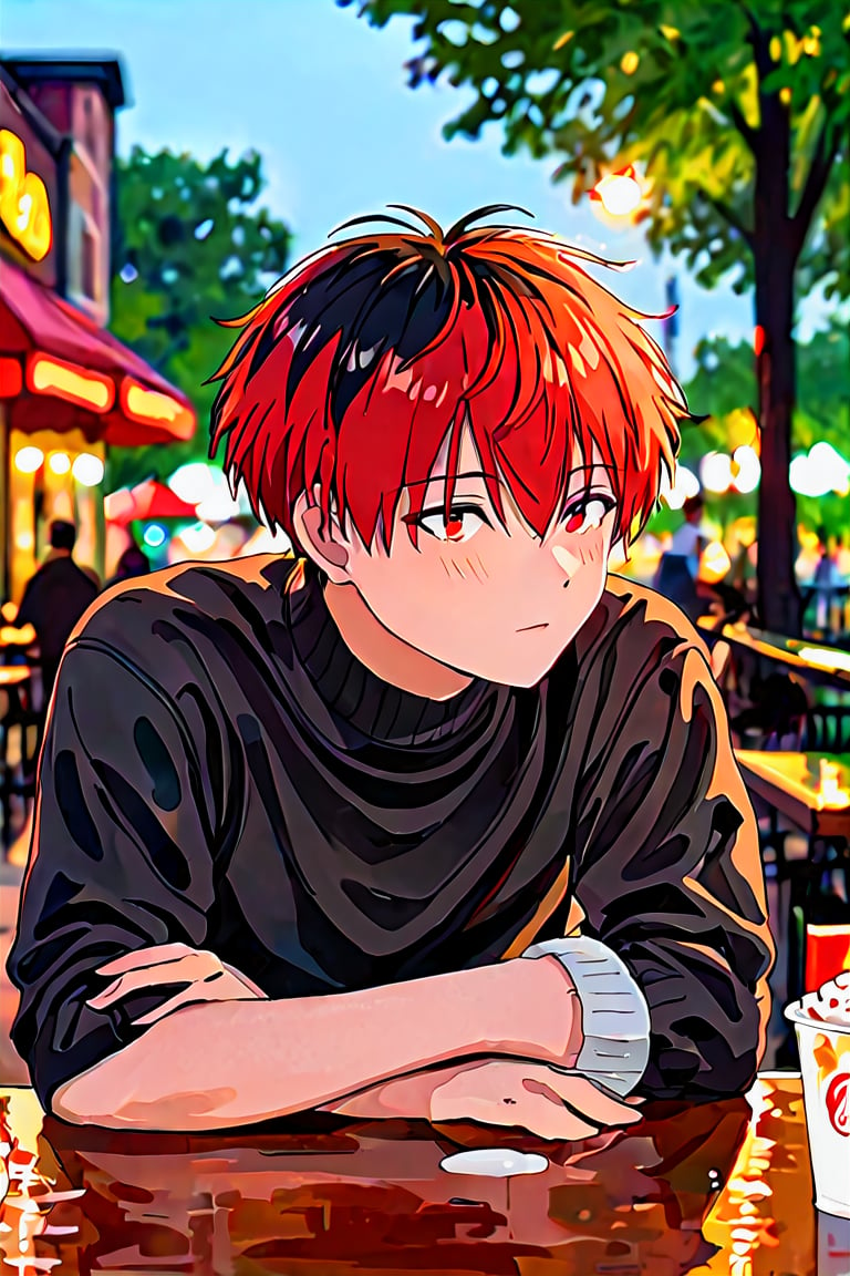 Score_9,score_8_up,score_7_up,score_6_up Very detailed, high quality, masterpiece,2 beautiful, solo,short hair,bangs,black hair,red eyes,1boy,hair between eyes,closed mouth,upper body,male focus,red hair,multicolored hair,blurry,two-tone hair,fur trim,blurry background,full body,walking in a park,sitting at a bar,table,dining,overnight,a hamburger,soda