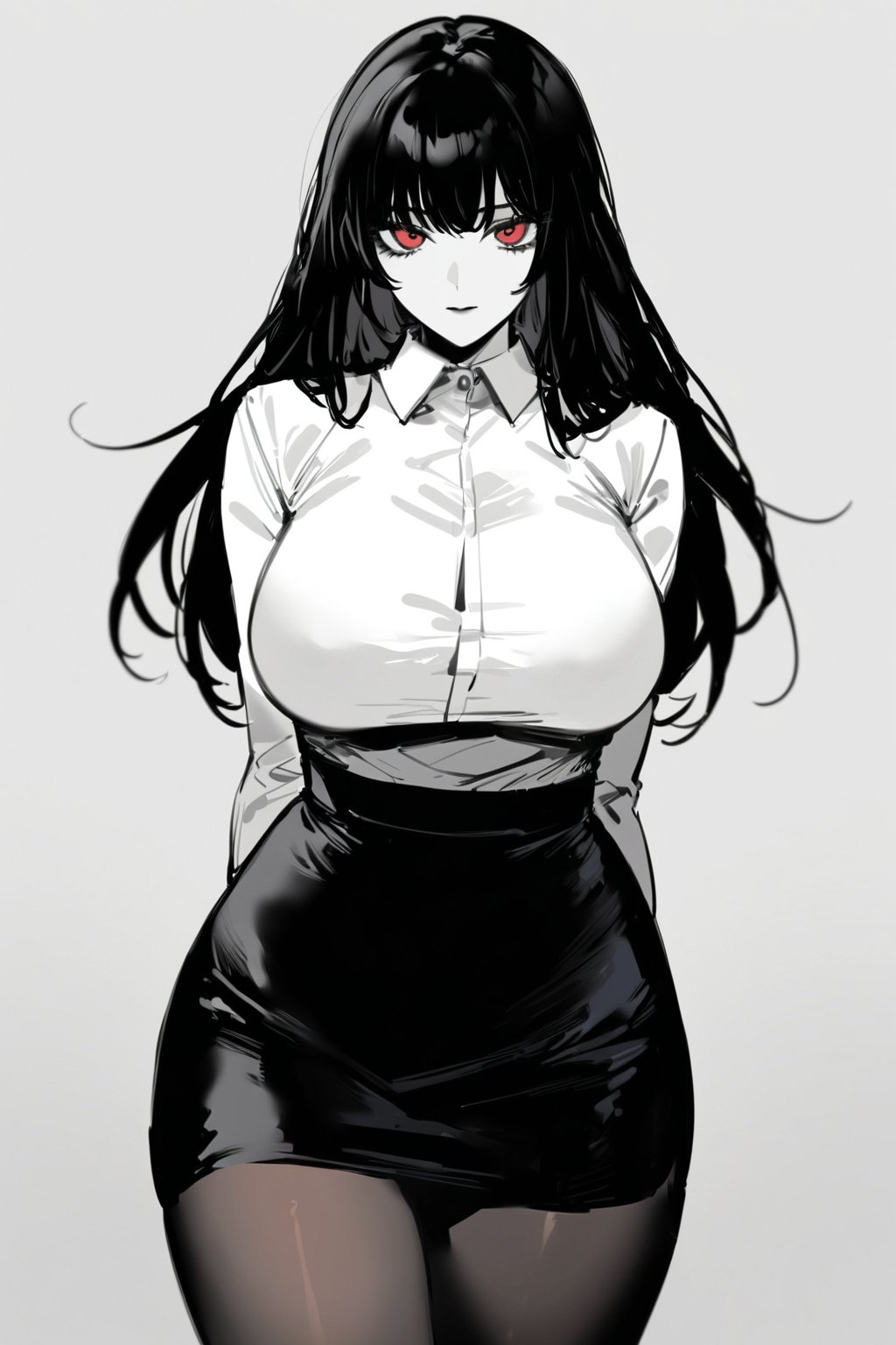 masterpiece, best quality, highres, 1girl, solo, standing (cowboy_shot), (black hair, long hair, big breast, bangs, red eye, pale skin), (white shirt, black pantyhose, black pencil skirt), (simple_background, white background), looking_at_viewer, monochome, grayscale 