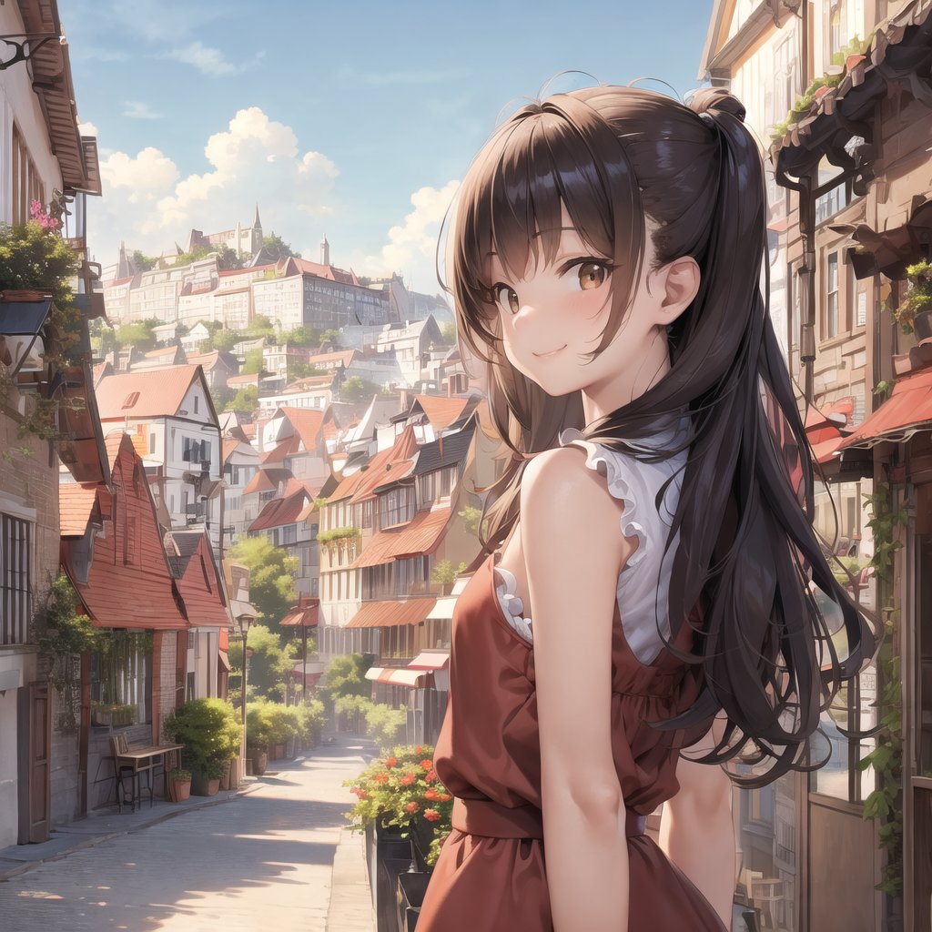 masterpiece, best quality, detailed, 1girl, brown hair, looking at viewer, long hair, city, (people), arms behind back, smile, sunny sky, house, street, cafe, 