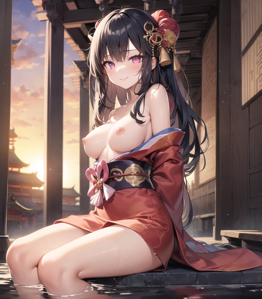 masterpiece, best quality, detailed, 1girl, pink eyes, long hair, black hair, (grapefruit in front), (temple in the background), sitting, red kimono, medium breasts, topless, light smile, arms behind back, water, sunset, hair ornament,
