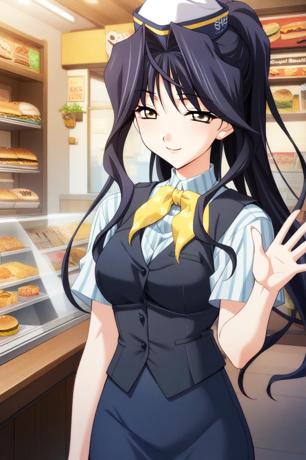 1girl,Amamiya Mizuho,workmizuho,striped short-sleeved t-shirt,vest,yellow bowtie,work hat,ponytail,pencil skirt,masterpiece,best quality,solo,very aesthetic,absurdres,game cg,(detailed beautiful eyes:1.2),(beautiful face:1.2),<lora:AmamiyaMizuhoXL:0.8>,waving,smile,buger shop,