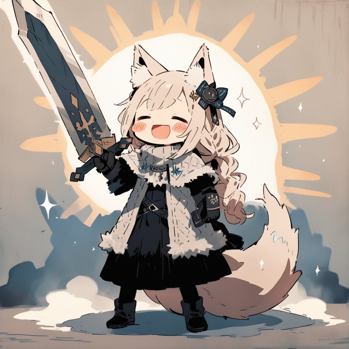 cute knight, 1girl, animal ears, tail, weapon, sword, blush stickers, holding, holding weapon, fox tail, solo, holding sword, closed eyes, fox ears, long hair, smile, braid, open mouth, chibi, animal ear fluff, fox girl, standing, facing viewer, gloves, full body, :d, black gloves, sparkle, black dress, fur trim, skirt, black footwear, boots, hair ornament, very long hair, masterpiece, best quality, aesthetic,