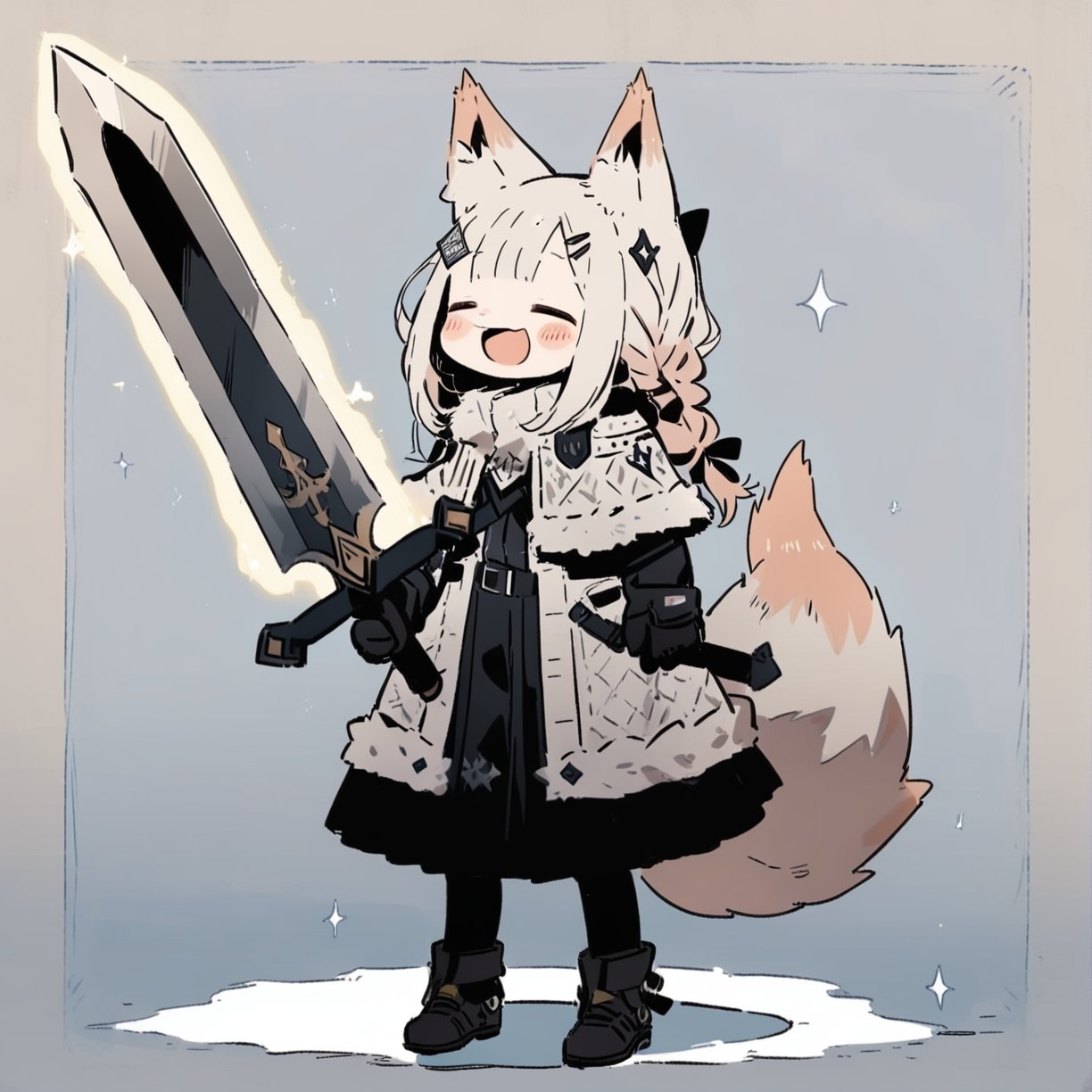 cute knight, 1girl, weapon, sword, animal ears, tail, solo, closed eyes, holding, gloves, hair ornament, holding sword, open mouth, holding weapon, fur trim, sparkle, black gloves, hairclip, animal ear fluff, standing, smile, dress, braid, fox ears, blush, fox tail, full body, boots, jacket, white hair, open clothes, coat, blush stickers, chibi, long hair, border, fox girl, open jacket, pantyhose, simple background, masterpiece, best quality, aesthetic