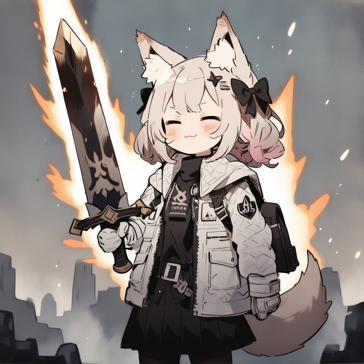 cute knight, 1girl, weapon, sword, :3, holding, animal ears, holding weapon, holding sword, closed eyes, open clothes, jacket, bow, gloves, hair bow, open jacket, blush, solo, flaming weapon, animal ear fluff, tail, multicolored hair, white gloves, pantyhose, long sleeves, shirt, =_=, white hair, skirt, facing viewer, closed mouth, belt, fox ears, masterpiece, best quality, aesthetic