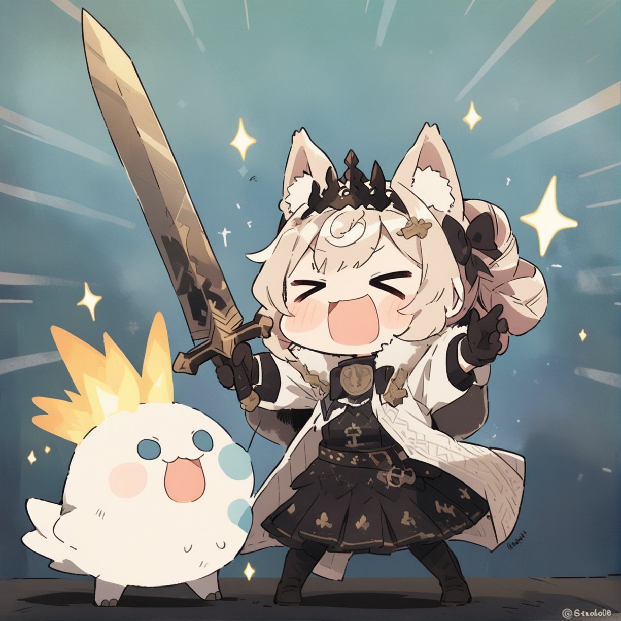 cute knight, 1girl, weapon, sword, holding, holding weapon, holding sword, animal ears, >_<, hair bun, open mouth, chibi, twitter username, dress, gloves, standing, long sleeves, sparkle, closed eyes, :d, skirt, bow, black dress, grey hair, black gloves, blush stickers, smile, animal ear fluff, hair ornament, coat, masterpiece, best quality, aesthetic