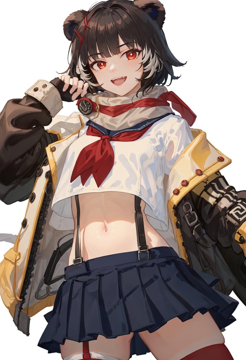 best quality, masterpiece, highres, solo, {leto_arknights:0.90}, 1girl, long_sleeves, pleated_skirt, black_jacket, white_shirt, open_jacket, smile, looking_at_viewer, midriff, miniskirt, navel, black_skirt, open_mouth, sailor_collar, scarf, black_gloves, fingerless_gloves, red_neckerchief, simple_background, stomach, suspenders, cowboy_shot, red_thighhighs, serafuku, standing, blue_skirt, crop_top_overhang, white_background, zettai_ryouiki