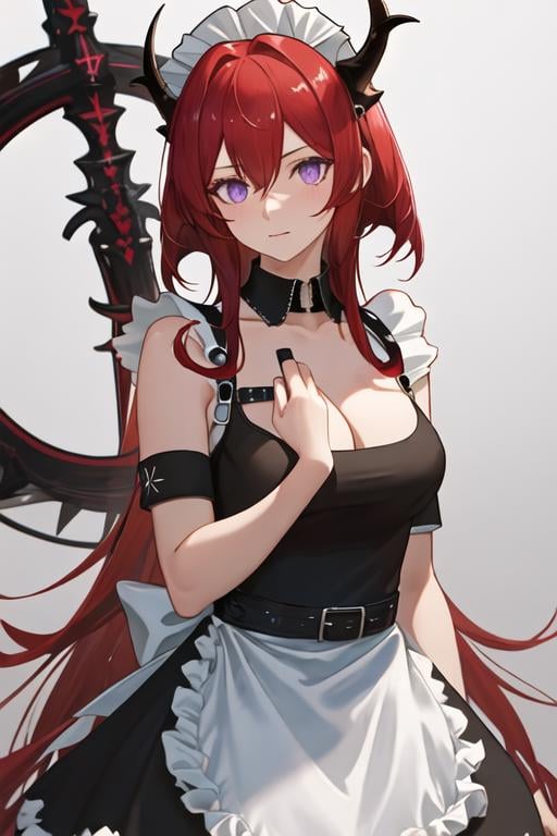 best quality, masterpiece, highres, solo, {maid:1.40}, {long maid dress:1.15}, {surtr_arknights:1.15}, red_hair, long_hair, horns, purple_eyes, bangs, breasts, hair_between_eyes, upper_body, cleavage, demon_horns, very_long_hair, medium_breasts