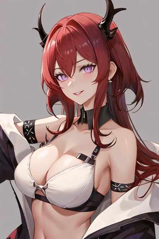 best quality, masterpiece, highres, solo, {surtr_arknights:1.15}, red_hair, long_hair, horns, purple_eyes, bangs, breasts, hair_between_eyes, upper_body, cleavage, demon_horns, very_long_hair, medium_breasts, 1girl, bare_shoulders, looking_at_viewer, portrait, simple_background, grey_background, parted_lips, slit_pupils, smile