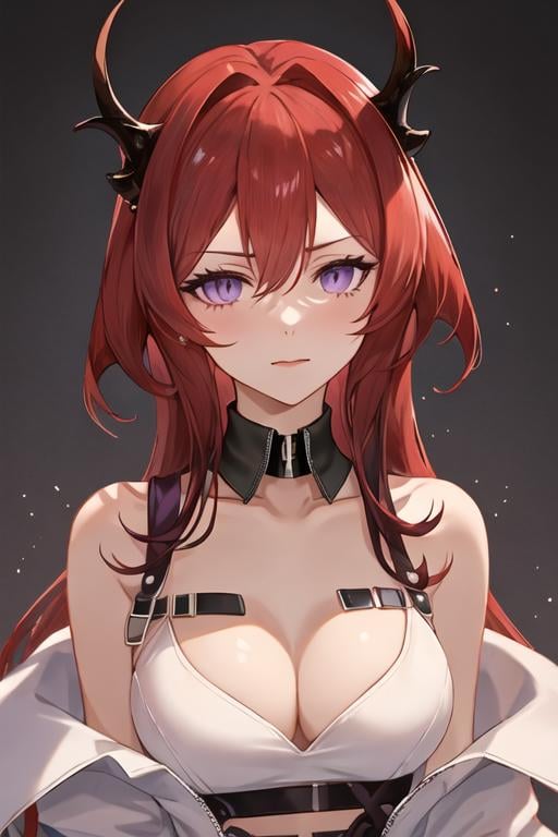 best quality, masterpiece, highres, solo, {surtr_arknights:1.15}, red_hair, long_hair, horns, purple_eyes, bangs, breasts, hair_between_eyes, upper_body, cleavage, demon_horns, very_long_hair, medium_breasts, 1girl, bare_shoulders, looking_at_viewer, portrait, chest_strap, detached_collar, simple_background