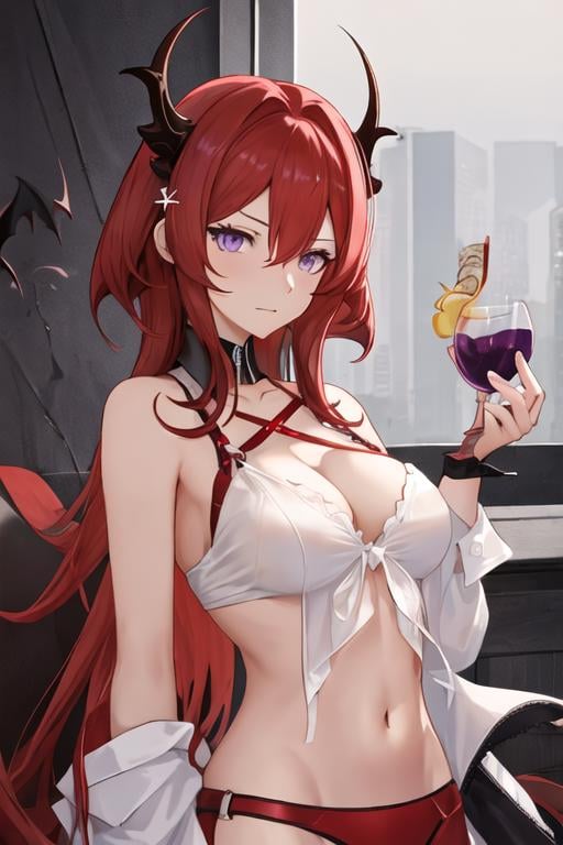 best quality, masterpiece, highres, solo, {surtr_arknights:1.15}, red_hair, long_hair, horns, purple_eyes, bangs, breasts, hair_between_eyes, upper_body, cleavage, demon_horns, very_long_hair, medium_breasts