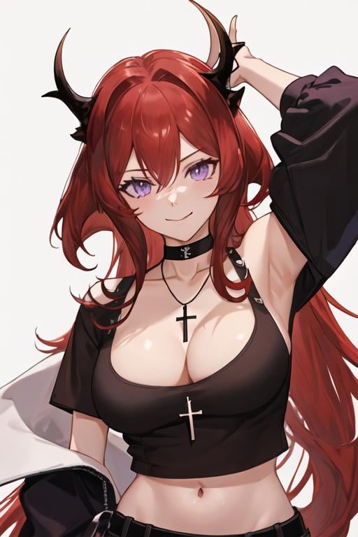 best quality, masterpiece, highres, solo, {surtr_arknights:1.15}, red_hair, long_hair, horns, purple_eyes, bangs, breasts, hair_between_eyes, upper_body, cleavage, demon_horns, very_long_hair, medium_breasts, 1girl, black_choker, black_shirt, choker, jewelry, looking_at_viewer, necklace, official_alternate_costume, ponytail, shirt, simple_background, white_background, collar, cross, cross_necklace, short_sleeves, smile, arm_up, closed_mouth, portrait