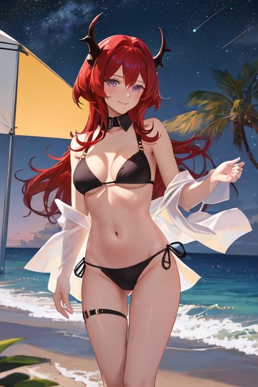 best quality, masterpiece, highres, solo, {night:1.10}, {starry sky:1.10}, beach, beautiful detailed sky, {extremely detailed background:1.20}, {surtr_arknights:1.15}, {standing:1.10}, looking at viewer, {bikini:1.30}, red_hair, long_hair, horns, purple_eyes, bangs, breasts, hair_between_eyes, upper_body, cleavage, demon_horns, very_long_hair, medium_breasts, light smile