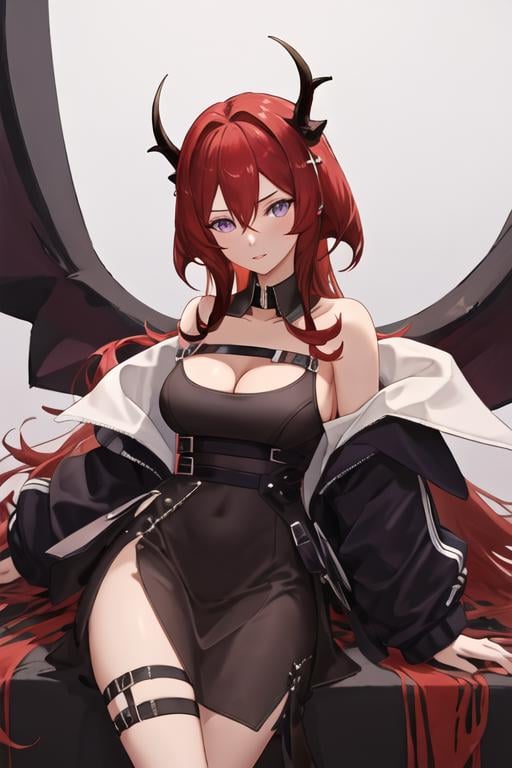 best quality, masterpiece, highres, solo, {surtr_arknights:1.15}, red_hair, long_hair, horns, purple_eyes, bangs, breasts, hair_between_eyes, upper_body, cleavage, demon_horns, very_long_hair, medium_breasts, 1girl, bare_shoulders, black_dress, demon_girl, dress, jacket, looking_at_viewer, off_shoulder, parted_lips