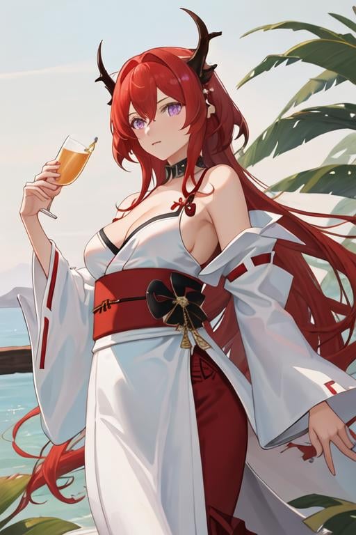 best quality, masterpiece, highres, solo, {white kimono:1.35}, {red hakama:1.35}, {wide sleeves:1.20}, {surtr_arknights:1.15}, red_hair, long_hair, horns, purple_eyes, bangs, breasts, hair_between_eyes, upper_body, cleavage, demon_horns, very_long_hair, medium_breasts