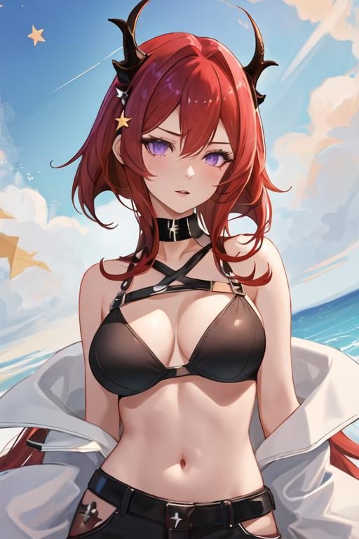 best quality, masterpiece, highres, solo, {surtr_arknights:1.15}, red_hair, long_hair, horns, purple_eyes, bangs, breasts, hair_between_eyes, upper_body, cleavage, demon_horns, very_long_hair, medium_breasts, 1girl, bare_shoulders, criss-cross_halter, halterneck, official_alternate_costume, hair_ornament, looking_at_viewer, swimsuit, bikini, star_\(symbol\), star_hair_ornament, black_choker, choker, hair_rings, parted_lips, sky