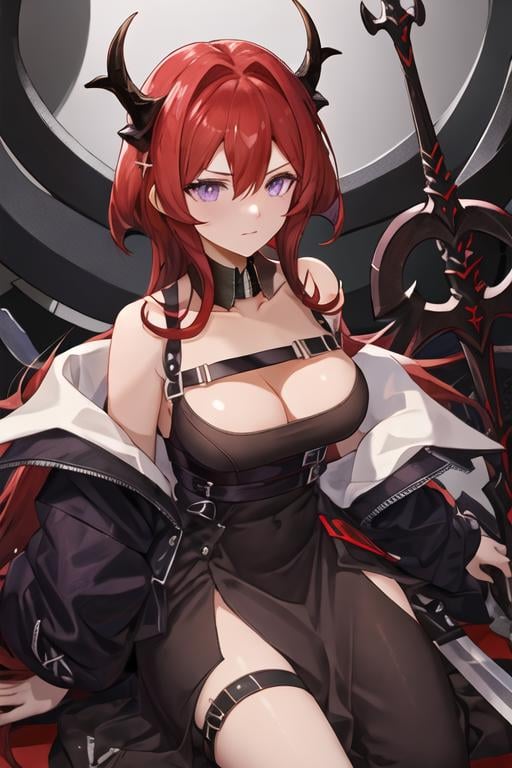 best quality, masterpiece, highres, solo, {surtr_arknights:1.15}, red_hair, long_hair, horns, purple_eyes, bangs, breasts, hair_between_eyes, upper_body, cleavage, demon_horns, very_long_hair, medium_breasts, 1girl, bare_shoulders, black_dress, dress, holding, holding_weapon, looking_at_viewer, sword, weapon, holding_sword, chest_strap, large_breasts, demon_girl, detached_collar, jacket, off_shoulder