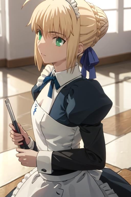 best quality, masterpiece, highres, solo, {maid:1.40}, {long maid dress:1.15}, {saber_fatestaynightufotable:1.15}, blonde_hair, ahoge, green_eyes, ribbon, hair_ribbon, braid, blue_ribbon, short_hair