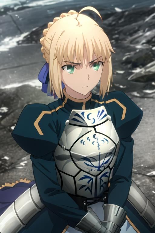 best quality, masterpiece, highres, solo, {saber_fatestaynightufotable:1.15}, blonde_hair, ahoge, green_eyes, ribbon, hair_ribbon, braid, blue_ribbon, short_hair, 1girl, armor, armored_dress, dress, gauntlets, weapon, sword, excalibur_\(fate/stay_night\)