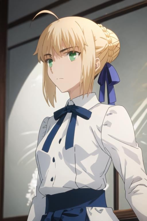 best quality, masterpiece, highres, solo, {saber_fatestaynightufotable:1.15}, blonde_hair, ahoge, green_eyes, ribbon, hair_ribbon, braid, blue_ribbon, short_hair, 1girl, anime_coloring, hair_bun, shirt, upper_body, single_hair_bun, white_shirt