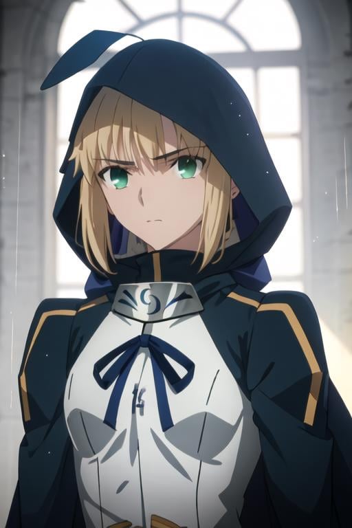 best quality, masterpiece, highres, solo, {saber_fatestaynightufotable:1.15}, blonde_hair, ahoge, green_eyes, ribbon, hair_ribbon, braid, blue_ribbon, short_hair, 1girl, hood, hood_up, raincoat, yellow_raincoat, cloak, armor, upper_body