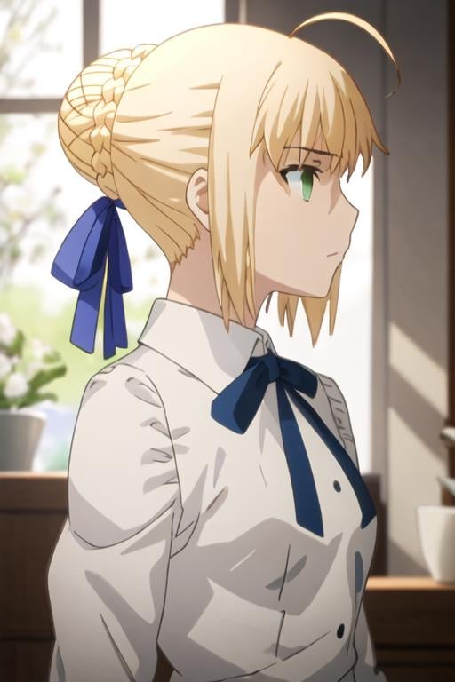 best quality, masterpiece, highres, solo, {saber_fatestaynightufotable:1.15}, blonde_hair, ahoge, green_eyes, ribbon, hair_ribbon, braid, blue_ribbon, short_hair, 1girl, braided_bun, from_side, hair_bun, profile, shirt, single_hair_bun, white_shirt, closed_mouth, neck_ribbon, collared_shirt, anime_coloring, bangs, upper_body, sidelocks