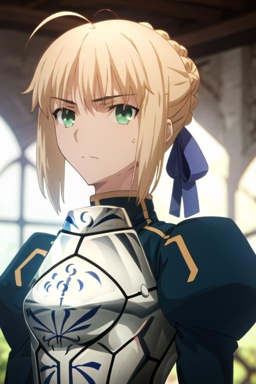 best quality, masterpiece, highres, solo, {saber_fatestaynightufotable:1.15}, blonde_hair, ahoge, green_eyes, ribbon, hair_ribbon, braid, blue_ribbon, short_hair, 1girl, anime_coloring, armor, looking_at_viewer, parody, portrait, hair_between_eyes