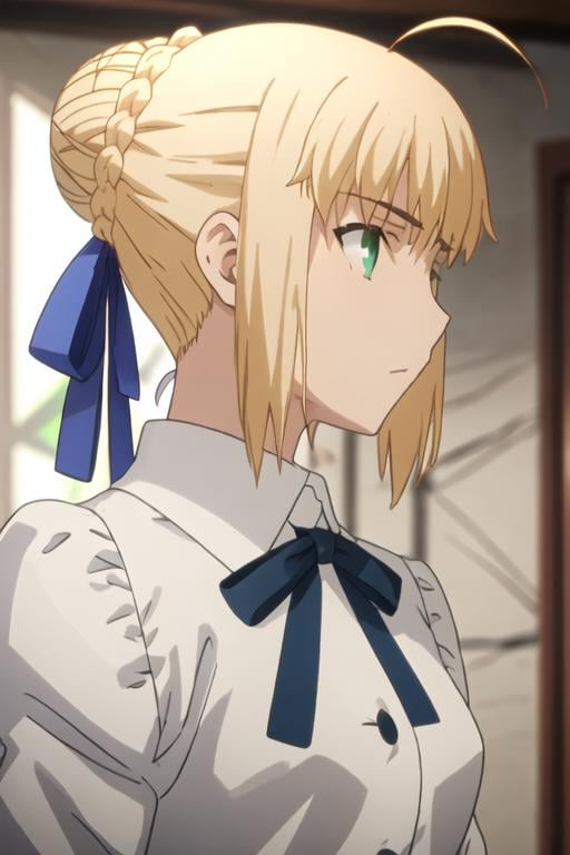 best quality, masterpiece, highres, solo, {saber_fatestaynightufotable:1.15}, blonde_hair, ahoge, green_eyes, ribbon, hair_ribbon, braid, blue_ribbon, short_hair, 1girl, anime_coloring, braided_bun, hair_bun, profile, sidelocks, single_hair_bun, blurry, blurry_background, from_side