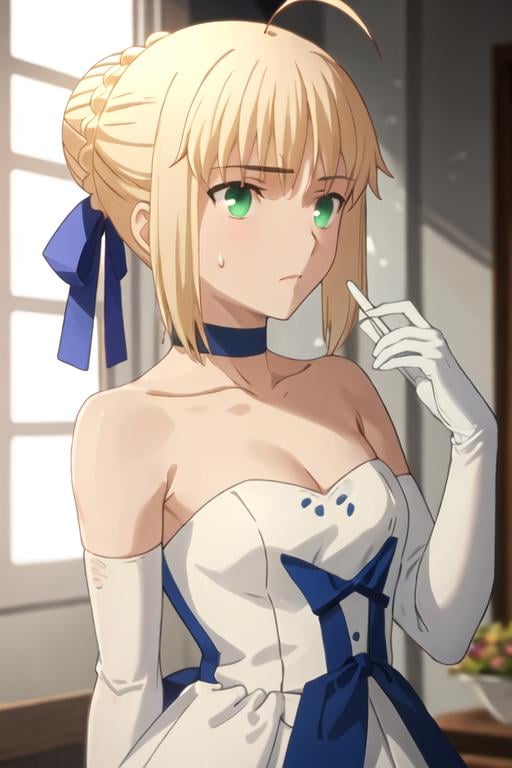 best quality, masterpiece, highres, solo, {saber_fatestaynightufotable:1.15}, blonde_hair, ahoge, green_eyes, ribbon, hair_ribbon, braid, blue_ribbon, short_hair, 1girl, bare_shoulders, breasts, choker, dress, elbow_gloves, gloves, small_breasts, white_dress, cleavage, official_alternate_costume, strapless, strapless_dress, white_gloves, ponytail, sweatdrop