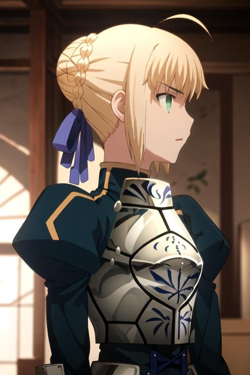 best quality, masterpiece, highres, solo, {saber_fatestaynightufotable:1.15}, blonde_hair, ahoge, green_eyes, ribbon, hair_ribbon, braid, blue_ribbon, short_hair, 1girl, armor, from_side, hair_bun, juliet_sleeves, long_sleeves, profile, puffy_sleeves, single_hair_bun, upper_body, braided_bun, breastplate, armored_dress, closed_mouth