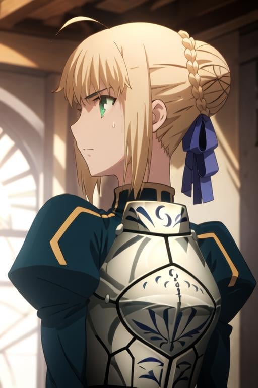 best quality, masterpiece, highres, solo, {saber_fatestaynightufotable:1.15}, blonde_hair, ahoge, green_eyes, ribbon, hair_ribbon, braid, blue_ribbon, short_hair, 1girl, hair_bun, profile, single_hair_bun, armor, anime_coloring, parody