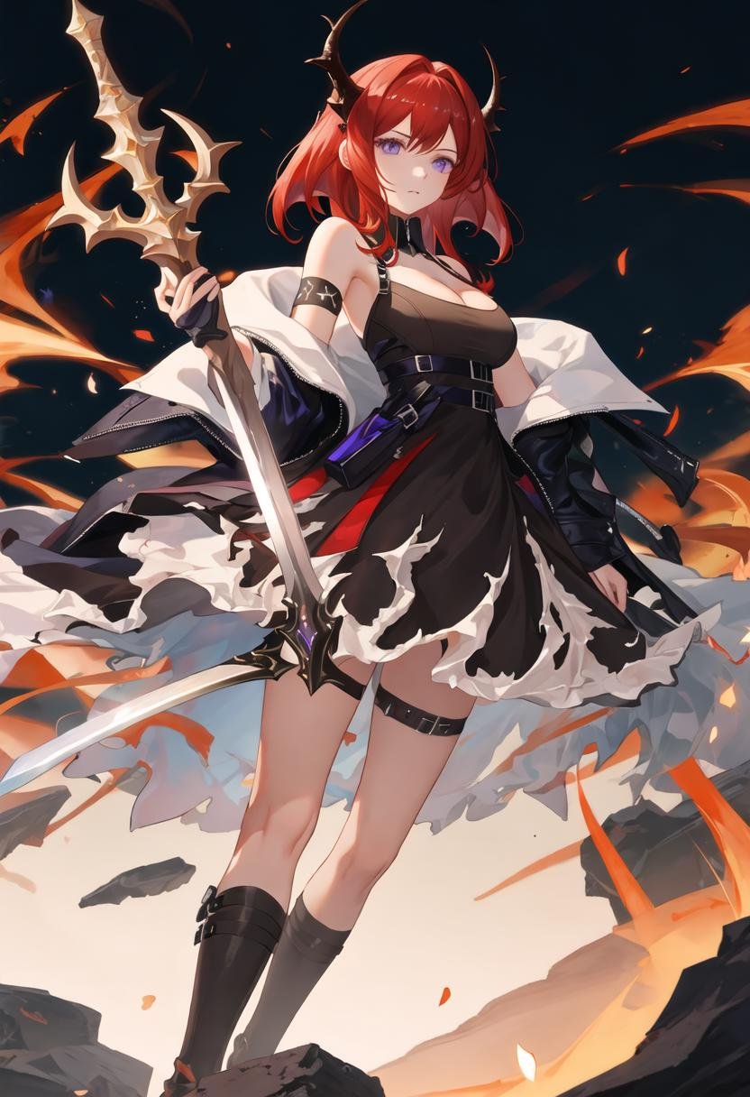 best quality, masterpiece, highres, solo, {surtr_arknights:0.90}, 1girl, black_dress, demon_girl, dress, holding, weapon, holding_weapon, looking_at_viewer, sword, bare_shoulders, holding_sword, cleavage, jacket