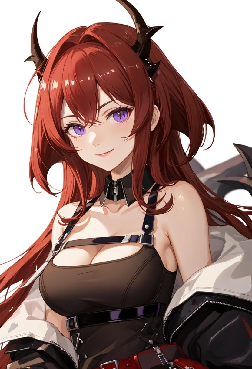 best quality, masterpiece, highres, solo, {surtr_arknights:0.90}, 1girl, bare_shoulders, black_dress, cleavage, dress, looking_at_viewer, off_shoulder, simple_background, chest_strap, detached_collar, upper_body, white_background, jacket, black_belt, closed_mouth, smile