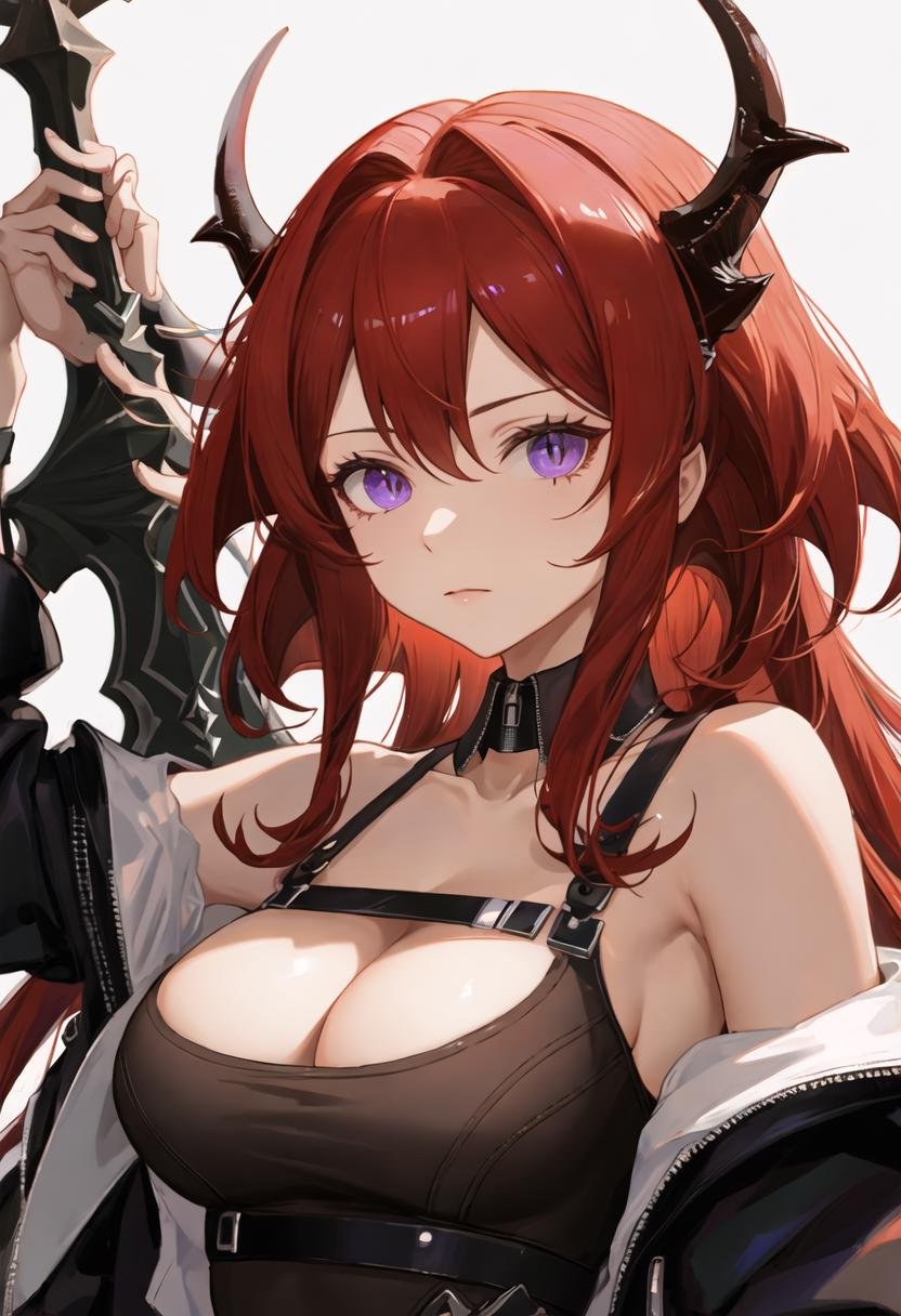 best quality, masterpiece, highres, solo, {surtr_arknights:0.90}, 1girl, black_dress, demon_girl, dress, holding, weapon, holding_weapon, looking_at_viewer, sword, bare_shoulders, holding_sword, cleavage, jacket