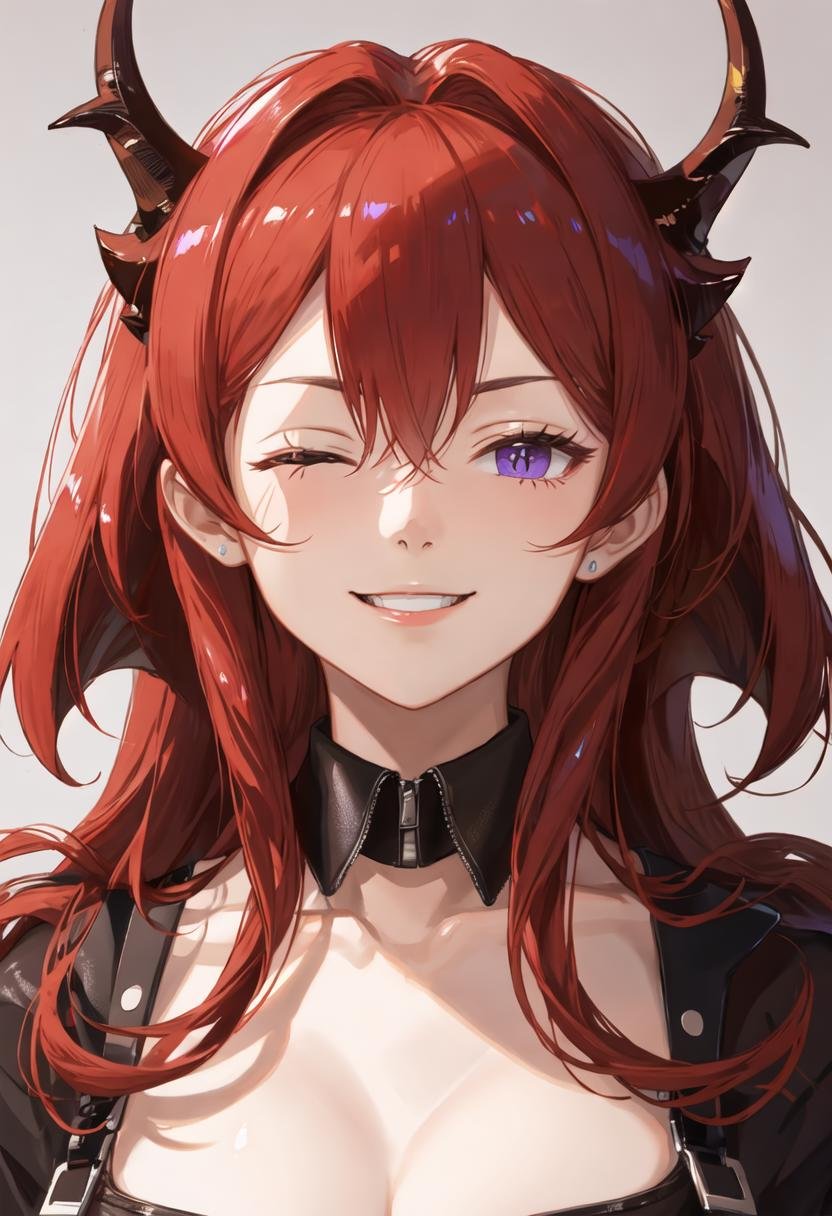 best quality, masterpiece, highres, solo, {surtr_arknights:0.90}, smile, happy, one_eye_closed, portrait, looking at viewer