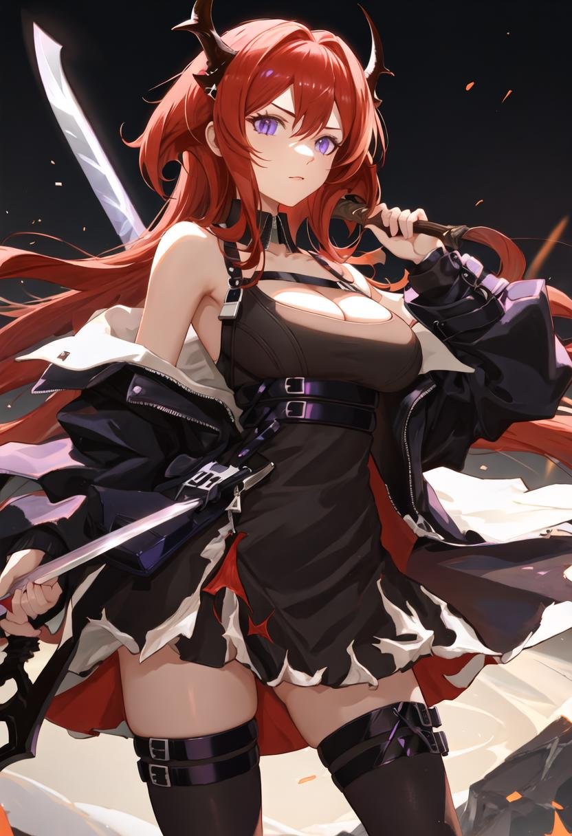 best quality, masterpiece, highres, solo, {surtr_arknights:0.90}, 1girl, bare_shoulders, black_dress, black_thighhighs, demon_girl, dress, jacket, off_shoulder, sword, thighhighs, weapon, black_jacket, chest_strap, cleavage, looking_at_viewer, open_clothes, open_jacket, holding, holding_sword, holding_weapon, long_sleeves, hair_intakes, standing