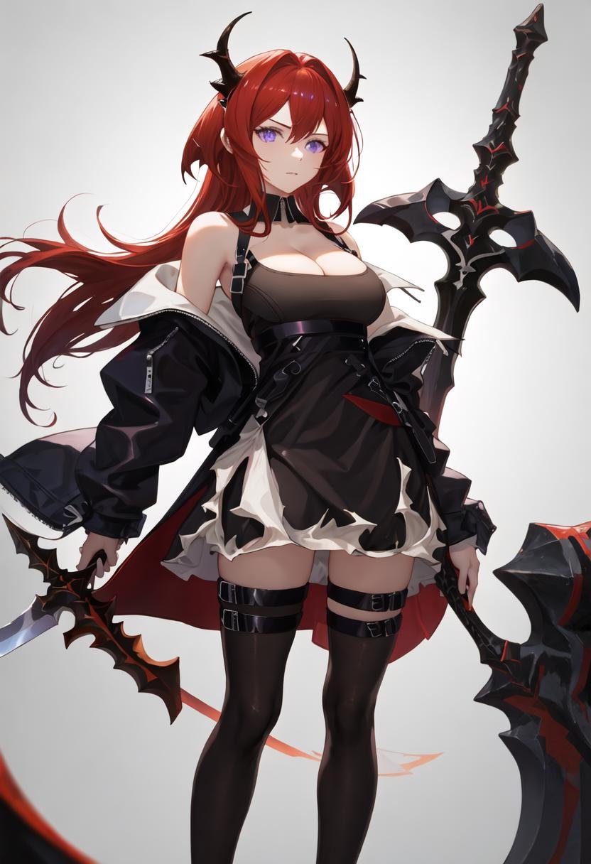 best quality, masterpiece, highres, solo, {surtr_arknights:0.90}, 1girl, bare_shoulders, black_dress, black_thighhighs, demon_girl, dress, jacket, off_shoulder, sword, thighhighs, weapon, black_jacket, chest_strap, cleavage, looking_at_viewer, open_clothes, open_jacket, holding, holding_sword, holding_weapon, long_sleeves, hair_intakes, standing