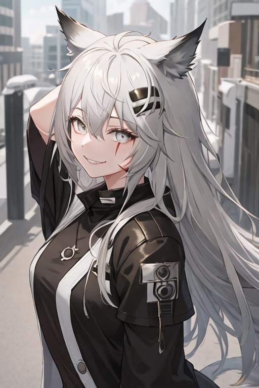 best quality, masterpiece, highres, solo, {lappland_arknights:1.15}, animal_ears, wolf_ears, long_hair, scar, bangs, scar_across_eye, hair_ornament, hairclip, scar_on_face, hair_between_eyes, grey_eyes, smile, grey_hair, white_hair, upper_body