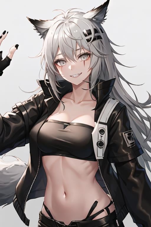 best quality, masterpiece, highres, solo, {lappland_arknights:1.15}, animal_ears, wolf_ears, long_hair, scar, bangs, scar_across_eye, hair_ornament, hairclip, scar_on_face, hair_between_eyes, grey_eyes, smile, grey_hair, white_hair, upper_body, 1girl, bandeau, black_jacket, black_nails, fingerless_gloves, gloves, jacket, long_sleeves, looking_at_viewer, midriff, navel, open_clothes, open_jacket, stomach, strapless, tube_top, black_shorts, nail_polish, shorts, breasts, collarbone, medium_breasts, oripathy_lesion_\(arknights\), grin, hand_up, parted_lips, teeth