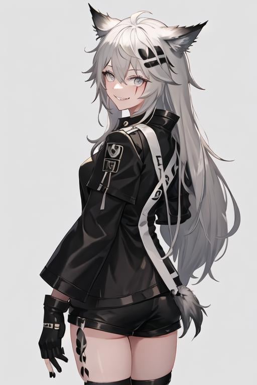 best quality, masterpiece, highres, solo, {lappland_arknights:1.15}, animal_ears, wolf_ears, long_hair, scar, bangs, scar_across_eye, hair_ornament, hairclip, scar_on_face, hair_between_eyes, grey_eyes, smile, grey_hair, white_hair, upper_body, 1girl, black_jacket, black_nails, fingerless_gloves, gloves, grey_gloves, jacket, long_sleeves, looking_at_viewer, nail_polish, simple_background, grey_background, white_gloves