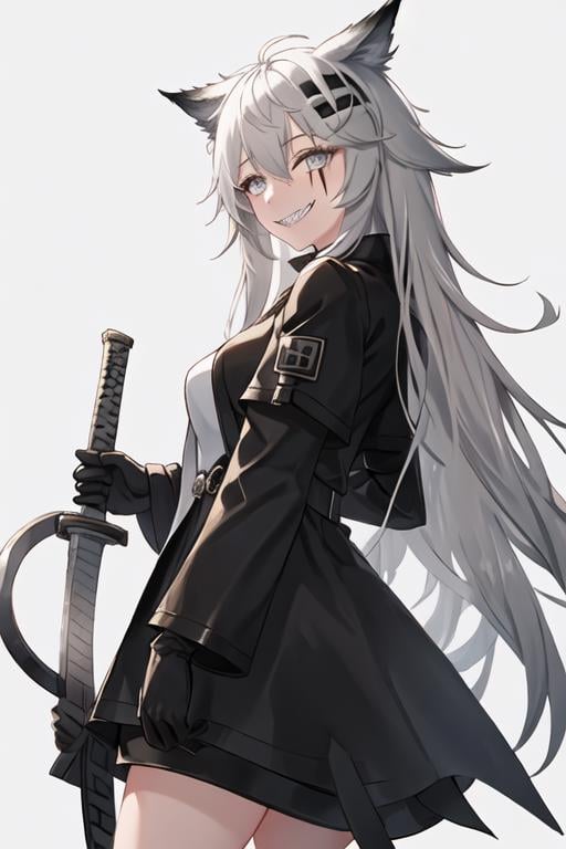 best quality, masterpiece, highres, solo, {lappland_arknights:1.15}, animal_ears, wolf_ears, long_hair, scar, bangs, scar_across_eye, hair_ornament, hairclip, scar_on_face, hair_between_eyes, grey_eyes, smile, grey_hair, white_hair, upper_body, 1girl, black_gloves, gloves, jacket, long_sleeves, looking_at_viewer, official_alternate_costume, sharp_teeth, sword, teeth, weapon, black_coat, black_dress, blue_eyes, dress, grin, holding, holding_sword, holding_weapon, open_clothes, black_jacket, coat, simple_background, white_background