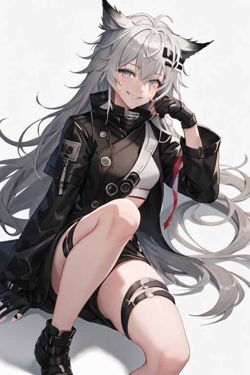 best quality, masterpiece, highres, solo, {lappland_arknights:1.15}, animal_ears, wolf_ears, long_hair, scar, bangs, scar_across_eye, hair_ornament, hairclip, scar_on_face, hair_between_eyes, grey_eyes, smile, grey_hair, white_hair, upper_body, 1girl, black_jacket, fingerless_gloves, gloves, grin, jacket, looking_at_viewer, long_sleeves, parted_lips, white_gloves, simple_background, white_background, grey_gloves, hand_up, head_rest